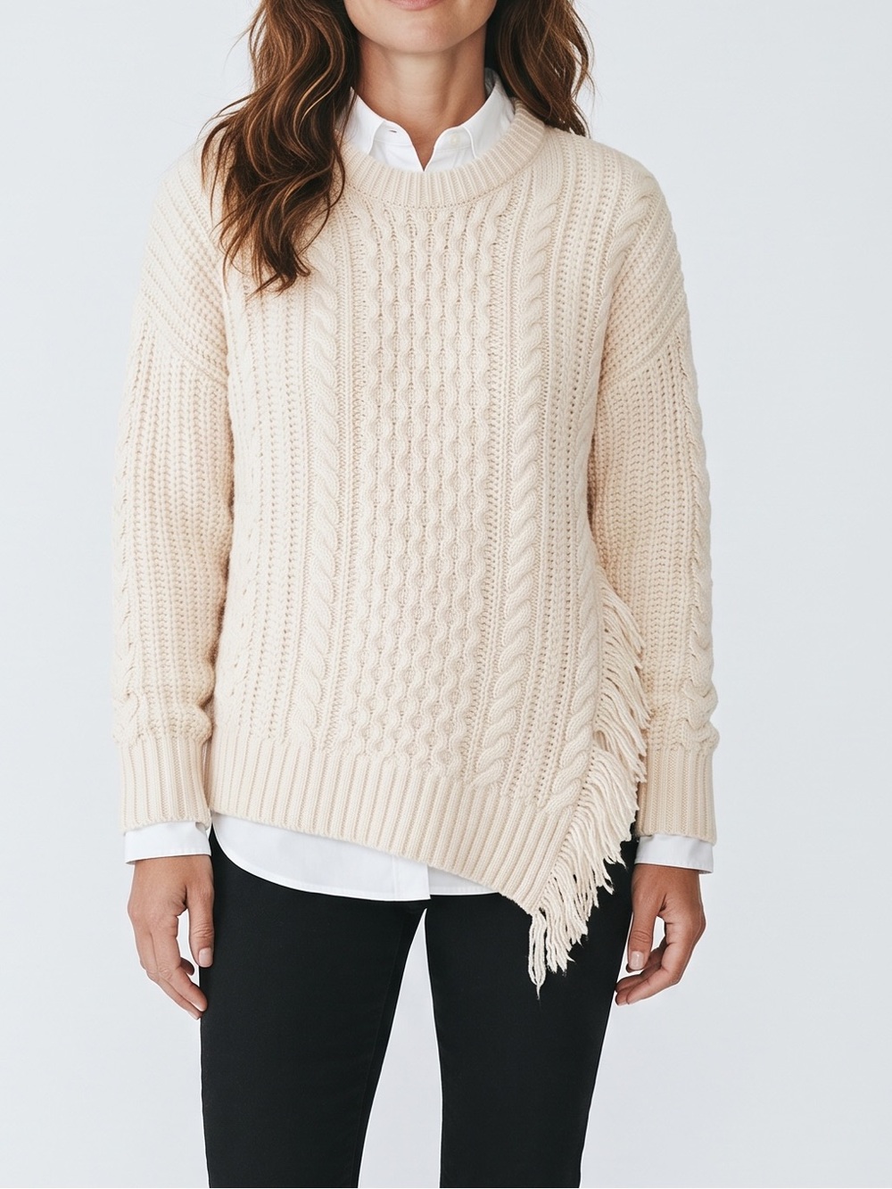 J.Crew Asymmetrical Fringe Cable-Knit Sweater XL